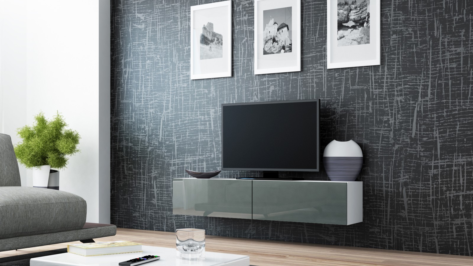 Vigo TV stolík (biela/sivý lesk) 140cm